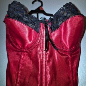 Red  vintage corset with black lace trimming